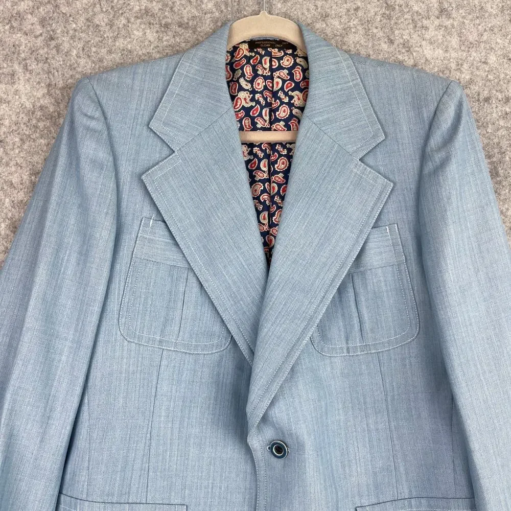 VTG Mancillas‎ Blazer Sport Coat Mens 41L Blue Herringbone Disco Retro Western